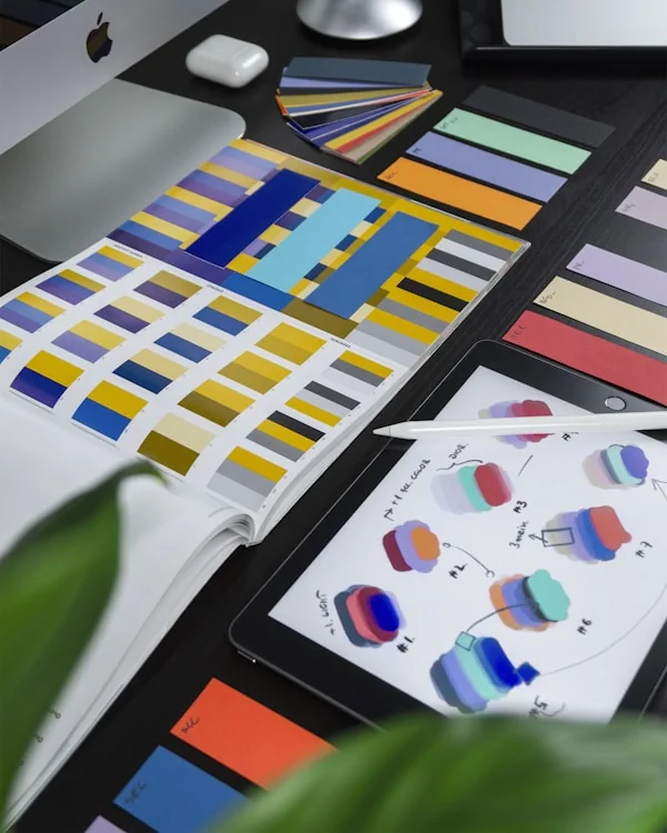 Brand identity moodboard with logo variations, color palette, and typography samples